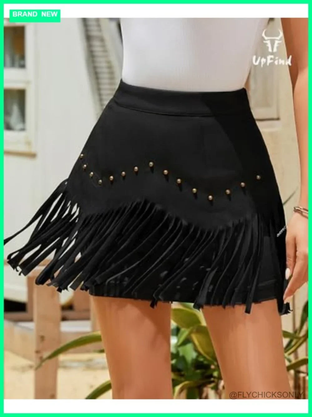 Faux Suede Fringe Mini Skirt High Waist Elastic Cowgirl Skirt with Rivets Zipper